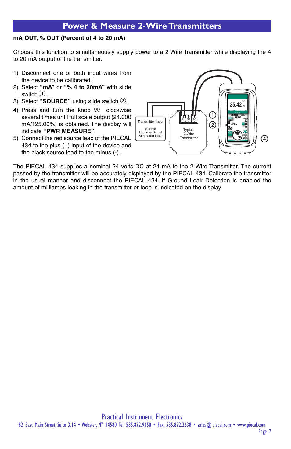 Practical instrument electronics, Power & measure 2-wire transmitters, 3) select “source” using slide switch | 4) press and turn the knob | Practical Instrument Electronics 434 User Manual | Page 7 / 12