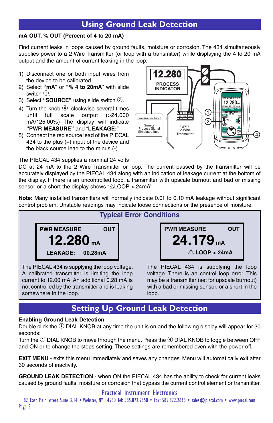 Practical instrument electronics, Using ground leak detection, Setting up ground leak detection | Typical error conditions, 3) select “source” using slide switch, 4) turn the knob, Pwr measure out, Loop > 24ma pwr measure out, Dial knob to move through the menu. press the | Practical Instrument Electronics 434 User Manual | Page 8 / 12