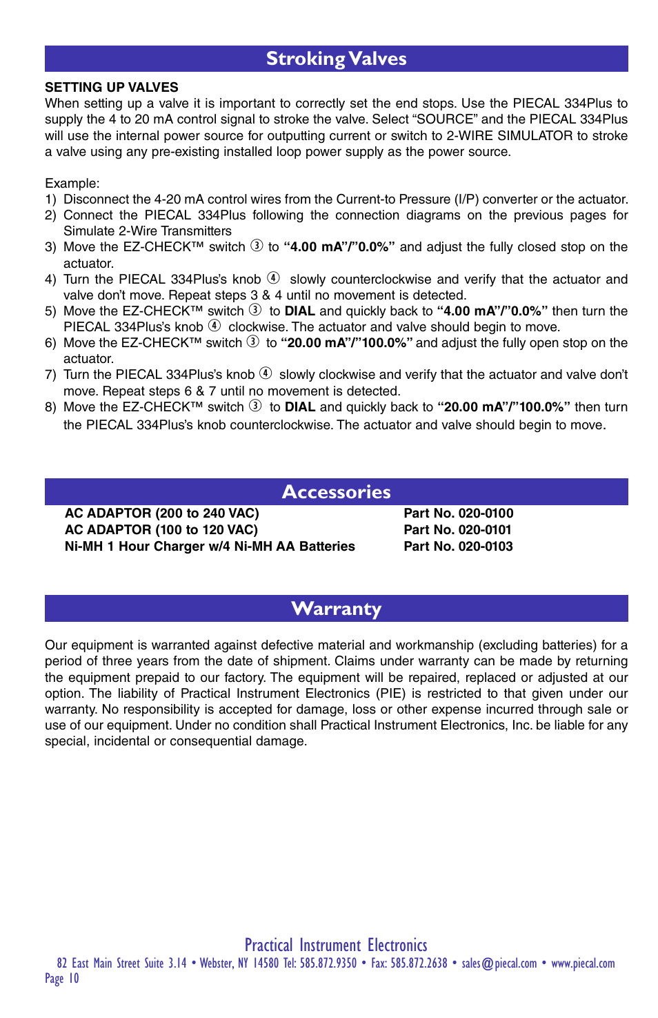 Practical instrument electronics, Accessories, Warranty | Stroking valves | Practical Instrument Electronics 334Plus User Manual | Page 10 / 12