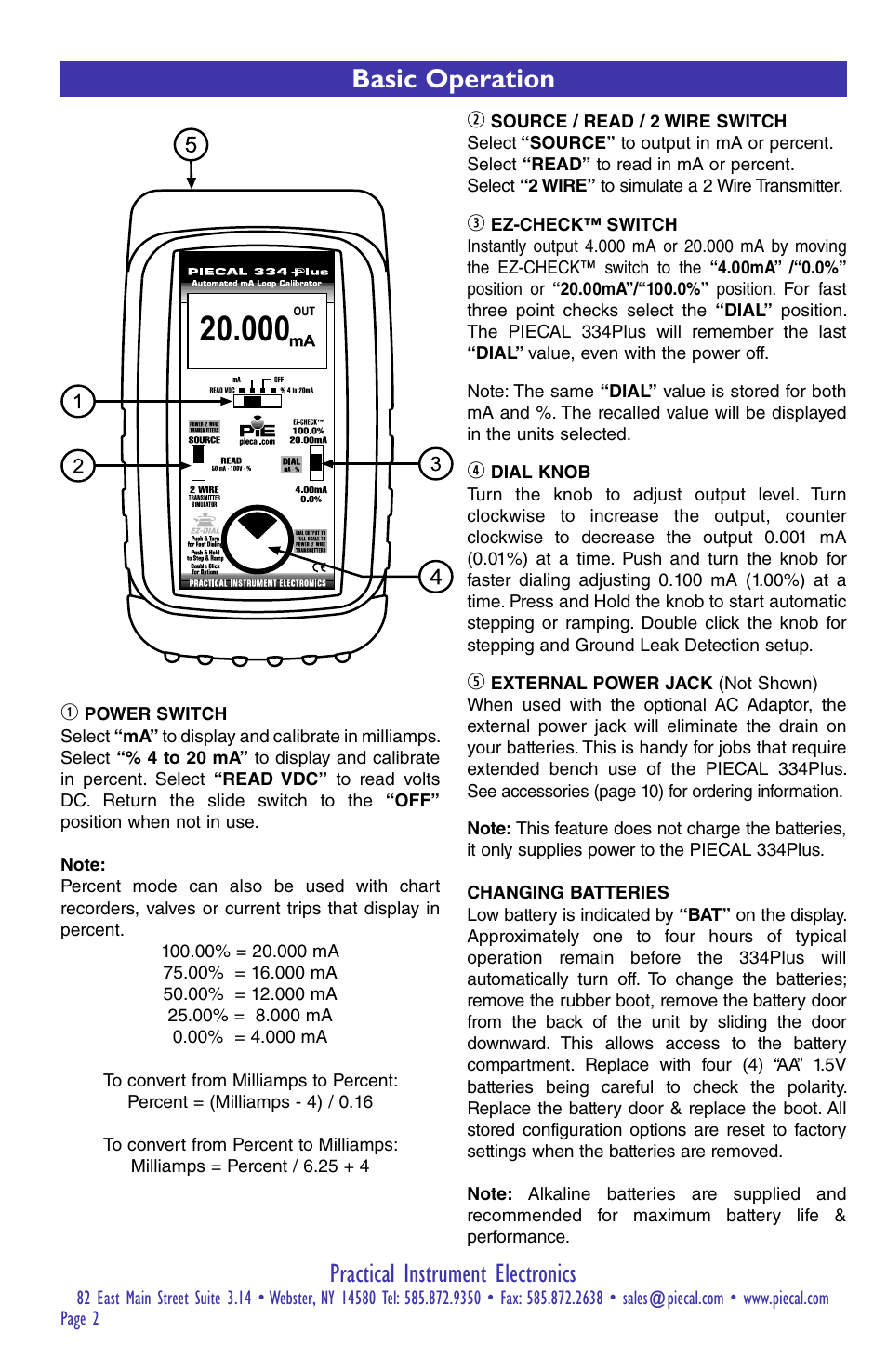 Practical instrument electronics, Basic operation | Practical Instrument Electronics 334Plus User Manual | Page 2 / 12