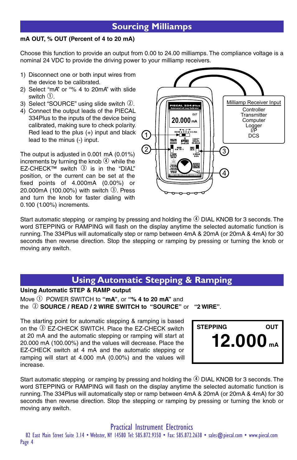 Practical instrument electronics, Sourcing milliamps, Using automatic stepping & ramping | Practical Instrument Electronics 334Plus User Manual | Page 4 / 12