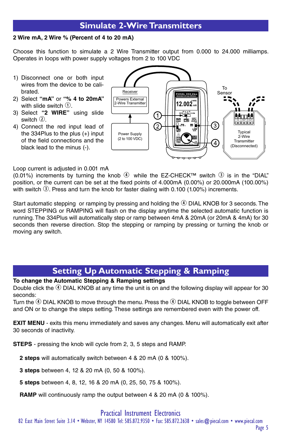 Practical instrument electronics, Simulate 2-wire transmitters, Setting up automatic stepping & ramping | Practical Instrument Electronics 334Plus User Manual | Page 5 / 12