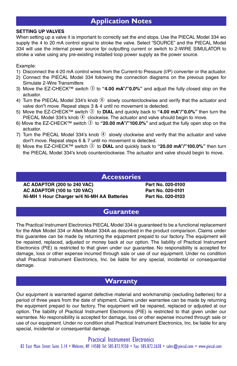 Accessories, Guarantee, Warranty | Practical Instrument Electronics 334 User Manual | Page 6 / 8