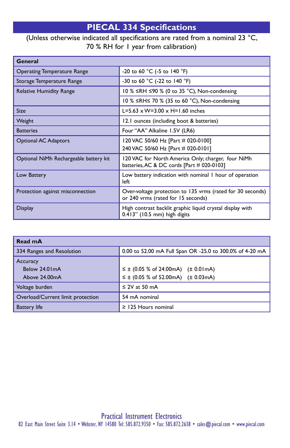 Piecal 334 specifications, Practical instrument electronics | Practical Instrument Electronics 334 User Manual | Page 7 / 8