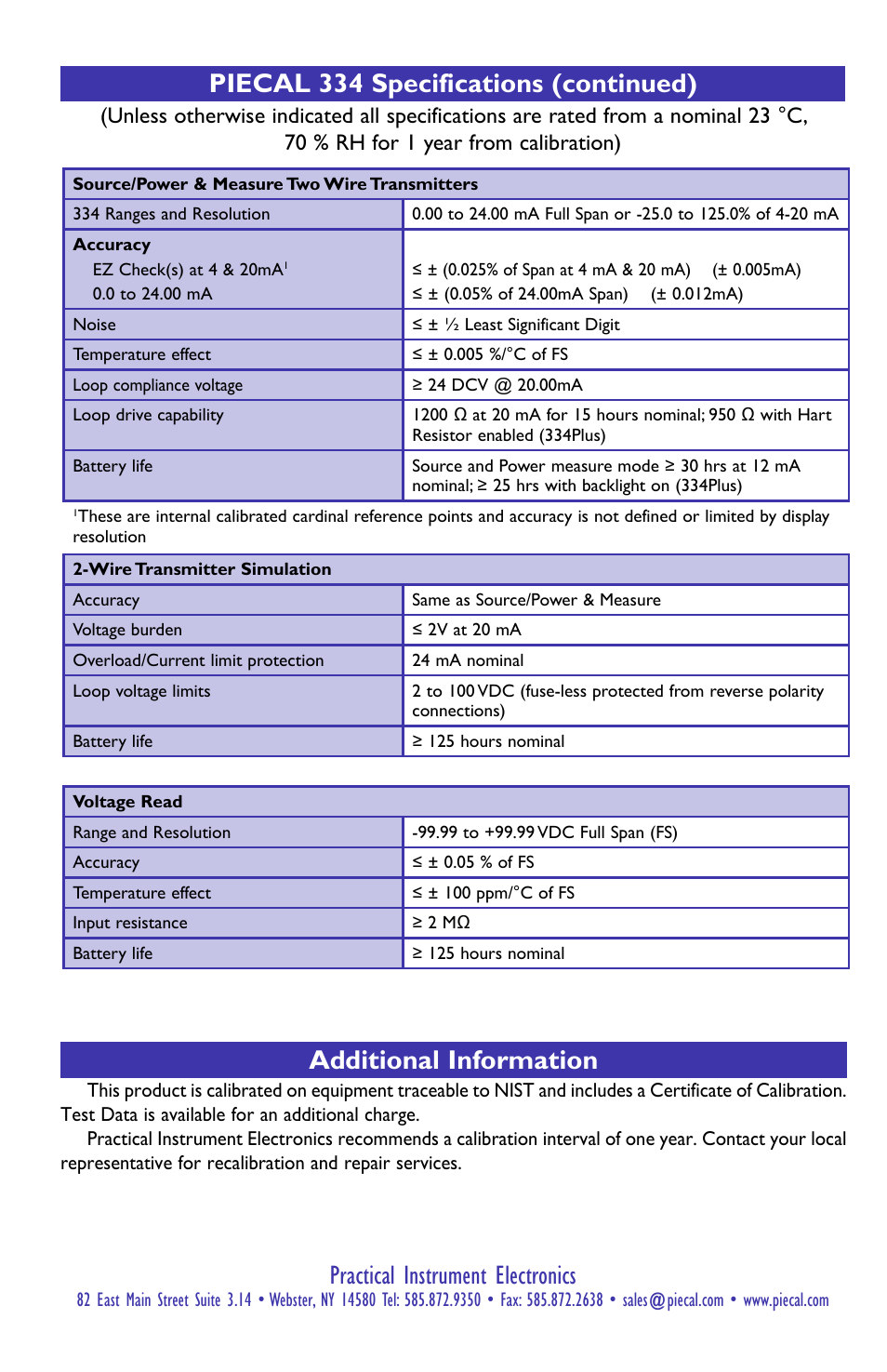 Piecal 334 specifications (continued), Practical instrument electronics, Additional information | Practical Instrument Electronics 334 User Manual | Page 8 / 8