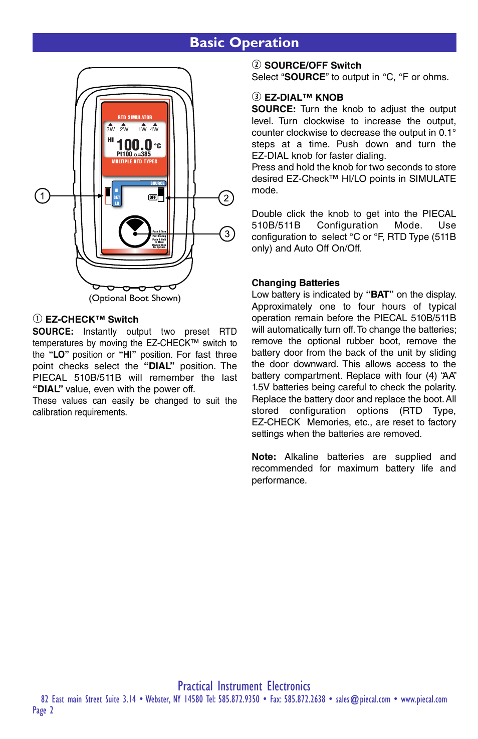 Practical instrument electronics, Basic operation, Optional boot shown) | Practical Instrument Electronics 510B User Manual | Page 2 / 8