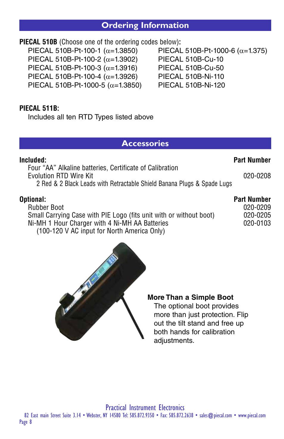 Practical instrument electronics, Accessories, Ordering information | Practical Instrument Electronics 510B User Manual | Page 8 / 8