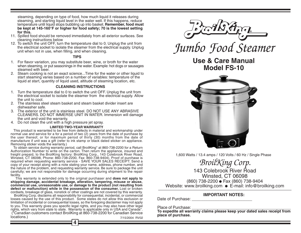 Broil King FS-10 User Manual | 2 pages