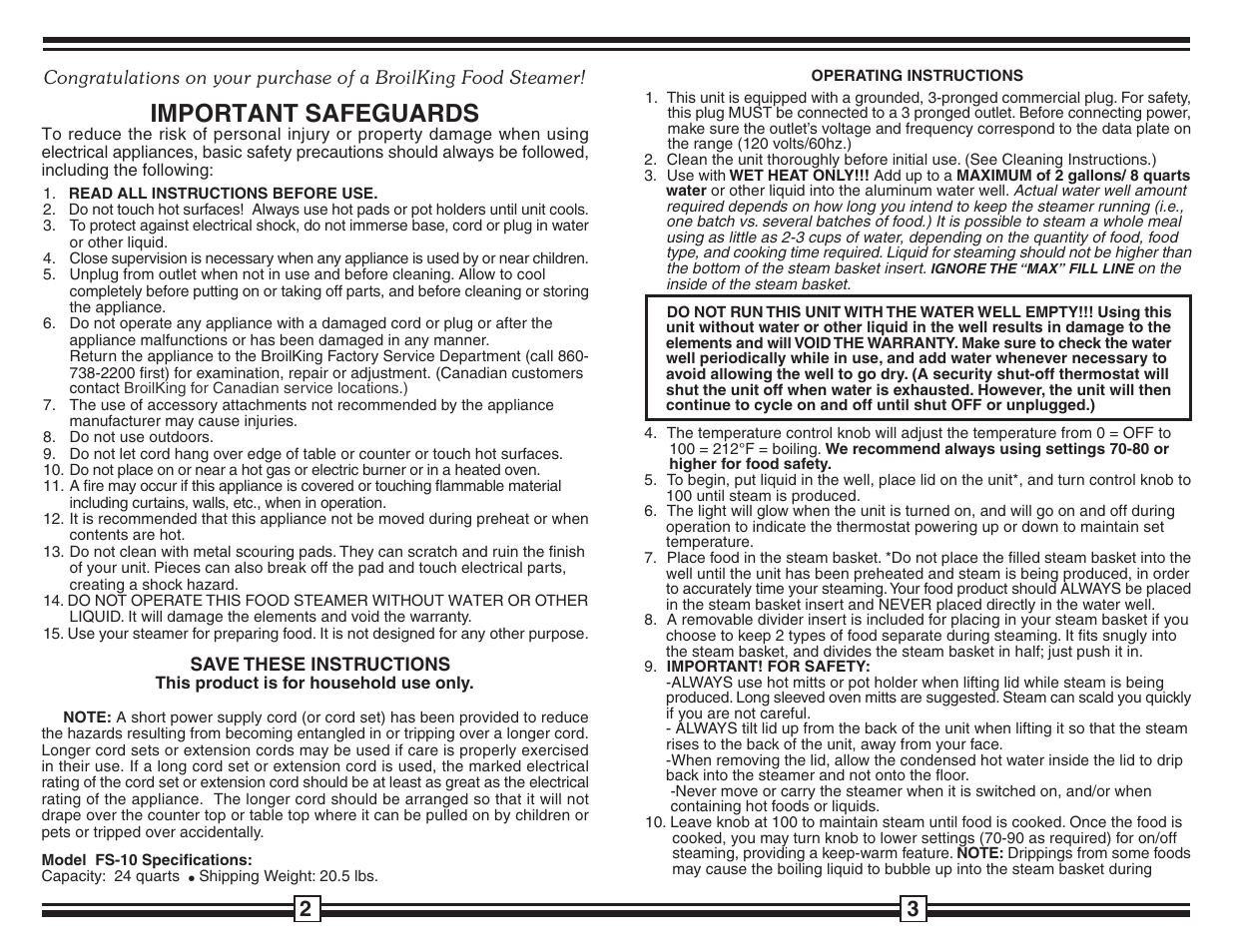 Important safeguards | Broil King FS-10 User Manual | Page 2 / 2