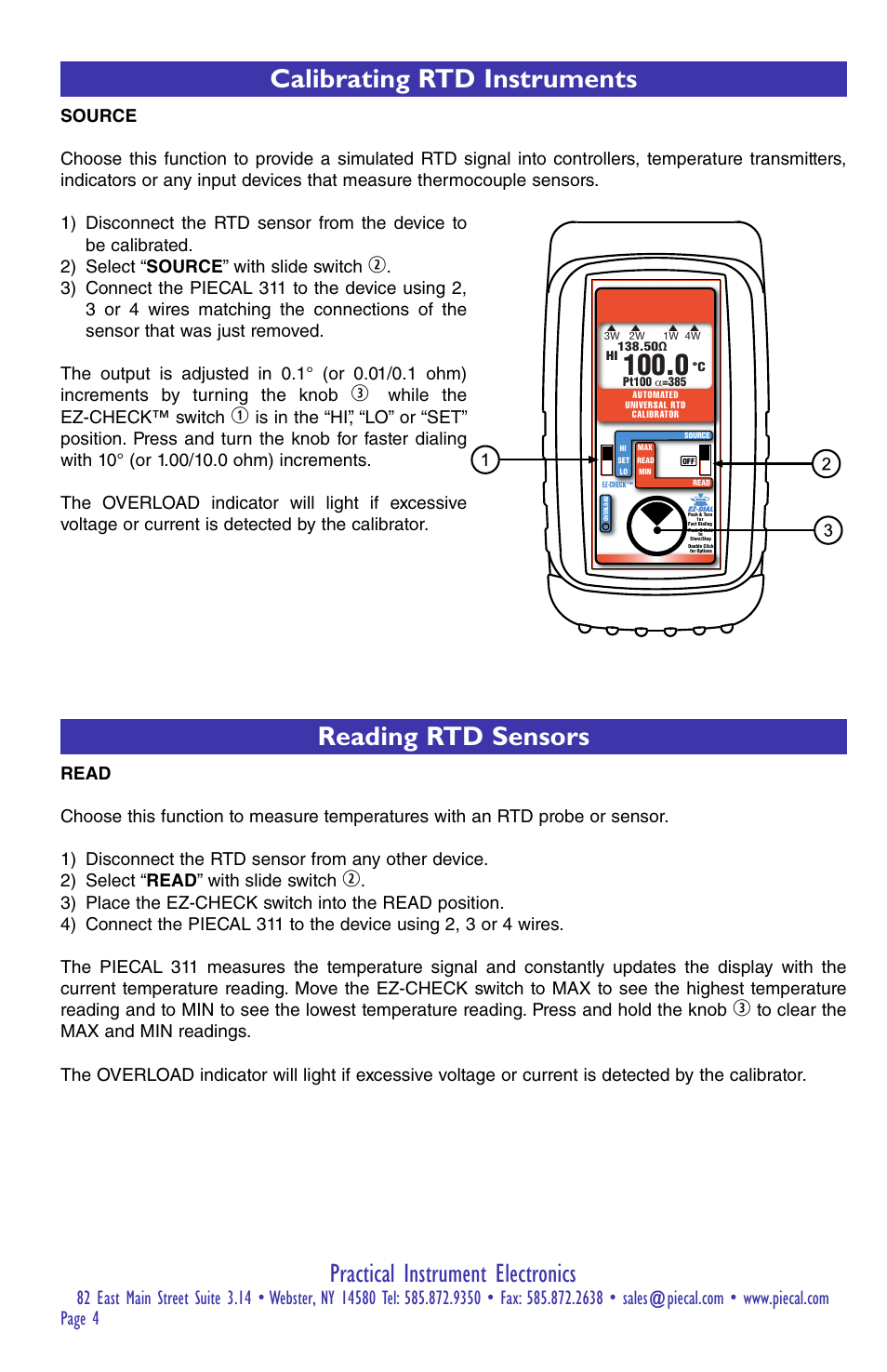 Practical instrument electronics, Calibrating rtd instruments, Reading rtd sensors | While the ez-check™ switch | Practical Instrument Electronics 311 User Manual | Page 4 / 8