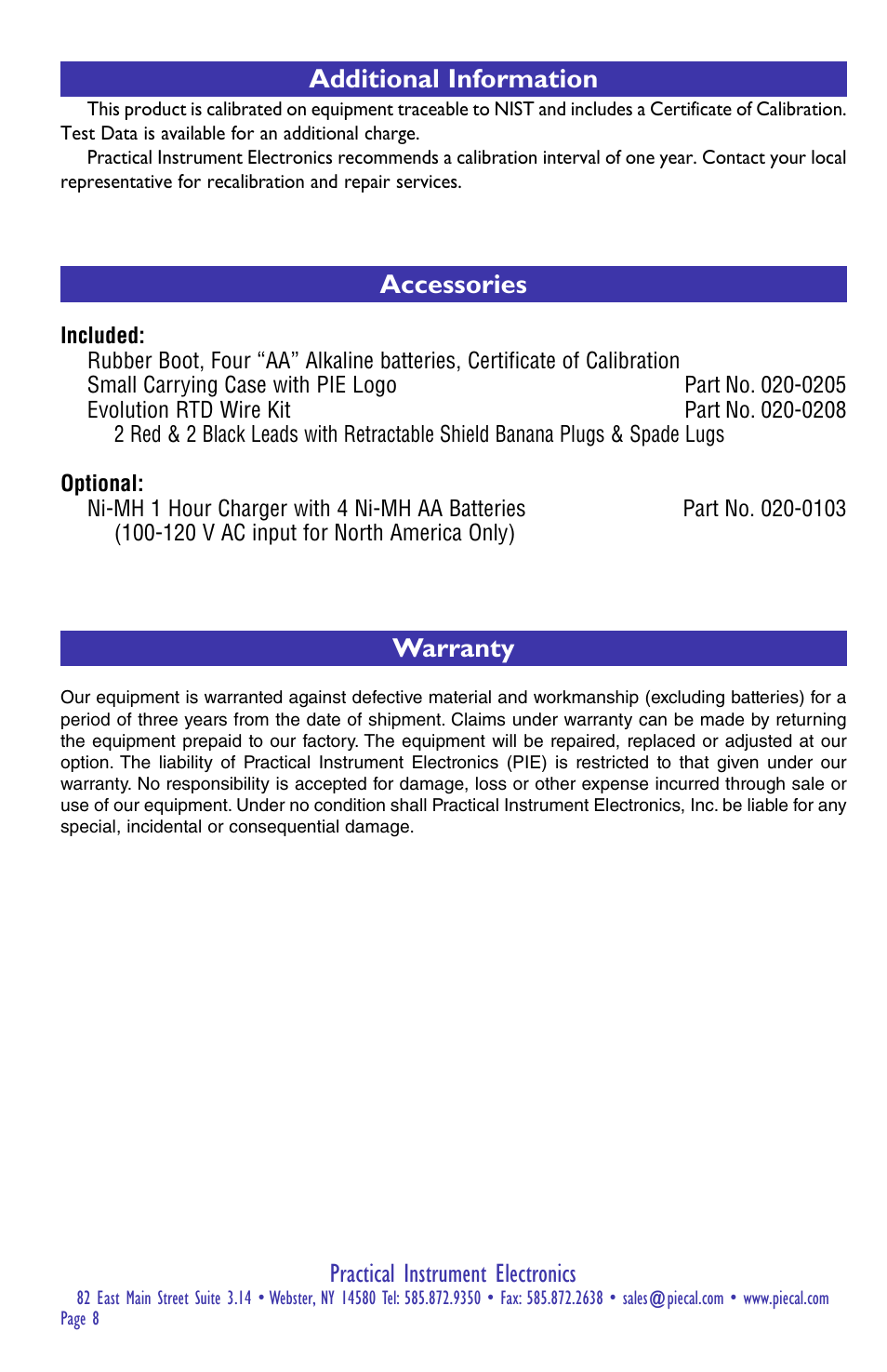 Practical instrument electronics, Accessories, Warranty | Additional information | Practical Instrument Electronics 311 User Manual | Page 8 / 8