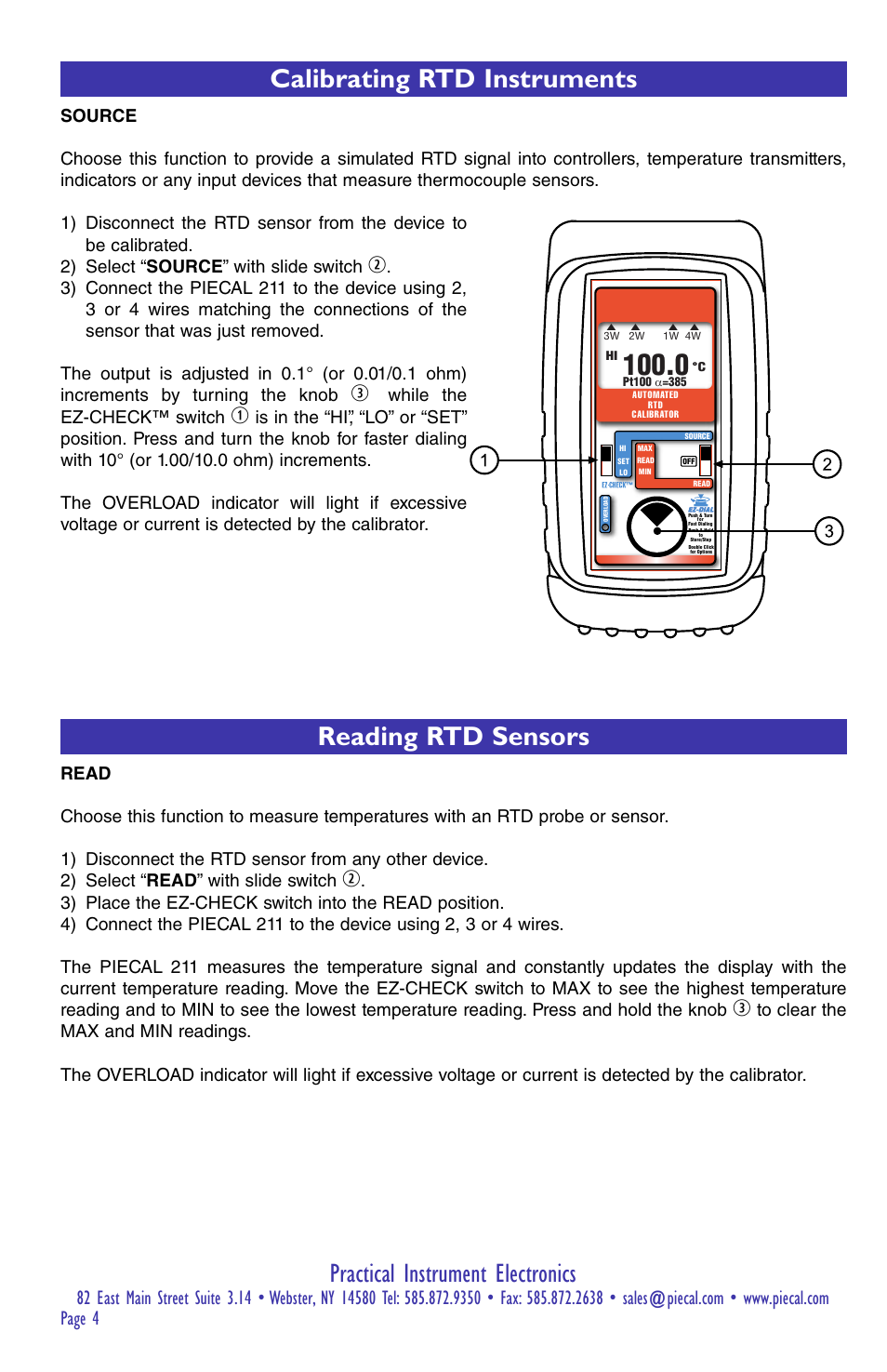 Practical instrument electronics, Calibrating rtd instruments, Reading rtd sensors | While the ez-check™ switch | Practical Instrument Electronics 211 User Manual | Page 4 / 8