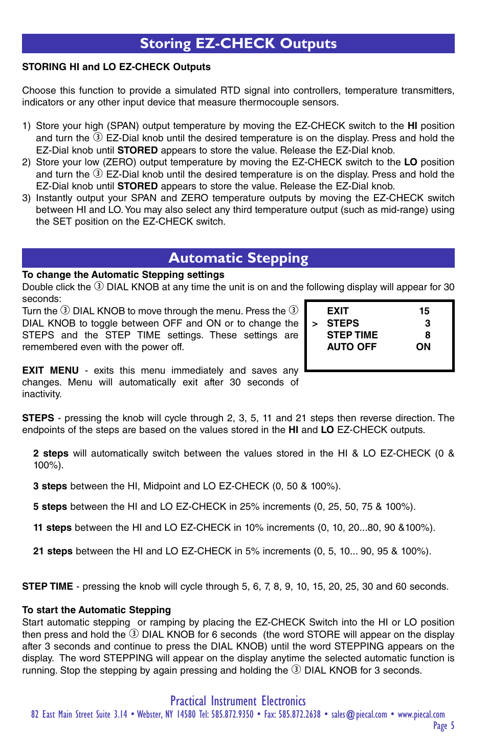 Practical instrument electronics, Automatic stepping storing ez-check outputs | Practical Instrument Electronics 211 User Manual | Page 5 / 8