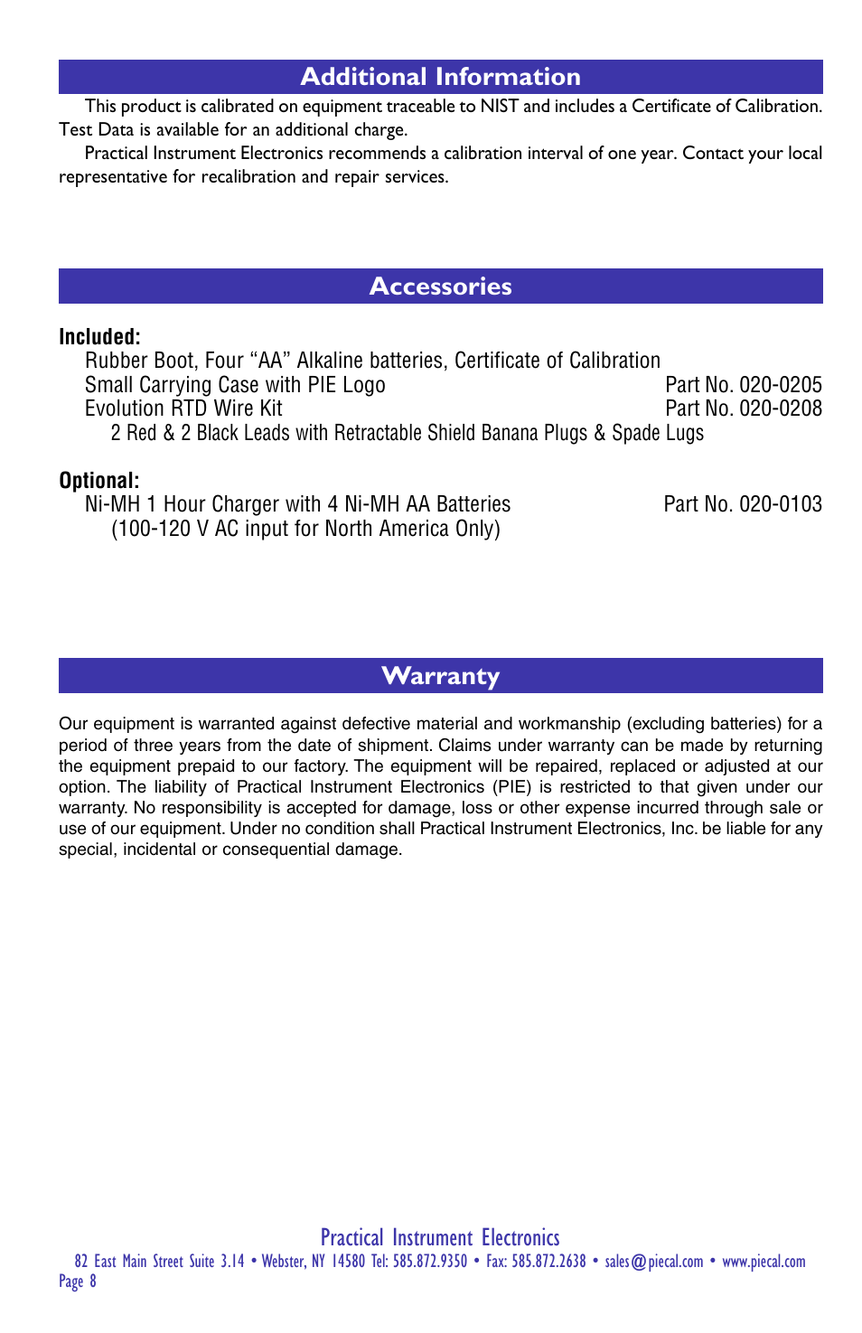 Practical instrument electronics, Warranty, Additional information | Accessories | Practical Instrument Electronics 211 User Manual | Page 8 / 8
