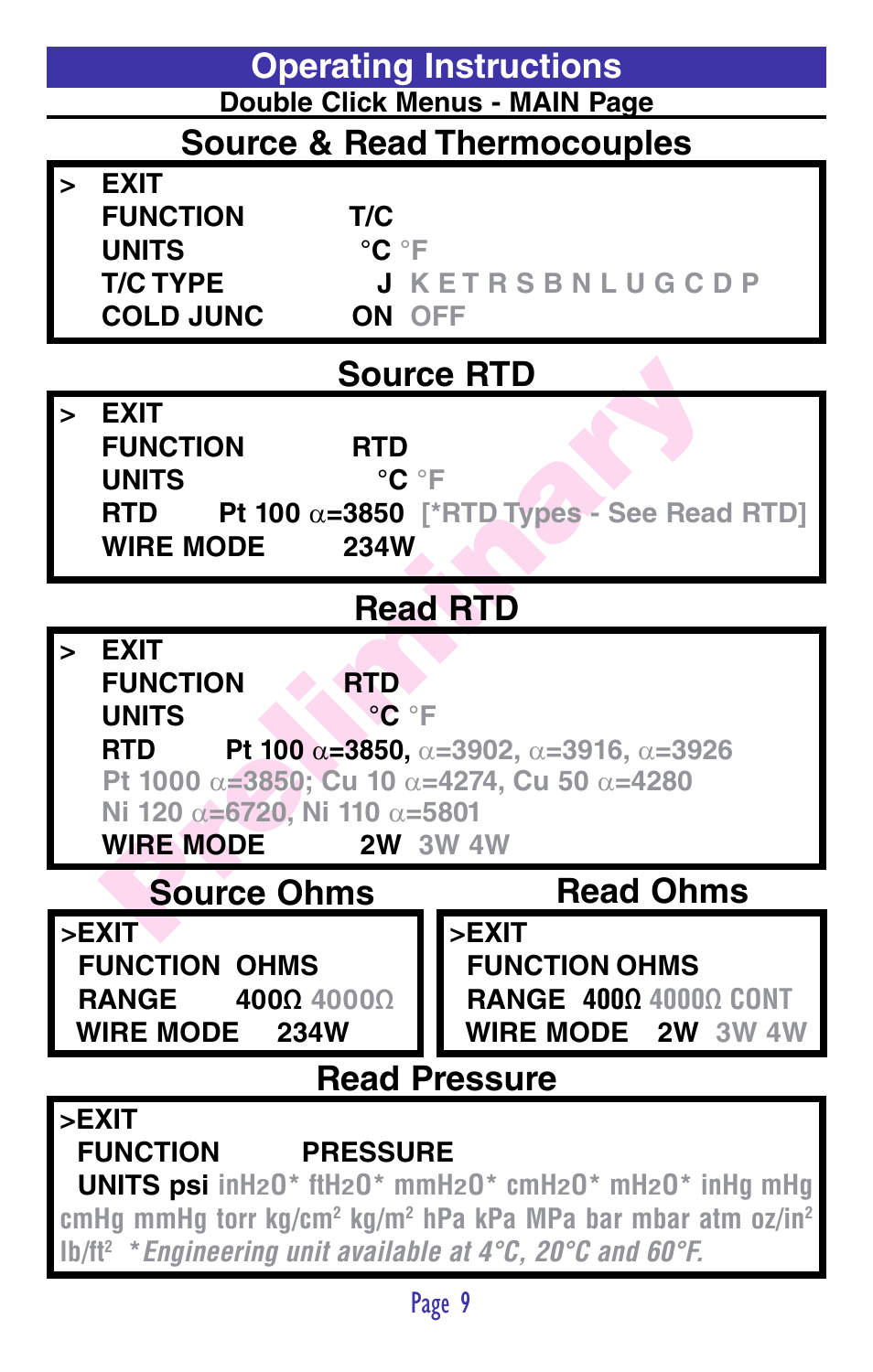 Pr eliminar y, Read rtd, Source ohms read ohms | Read pressure | Practical Instrument Electronics 850 User Manual | Page 11 / 48