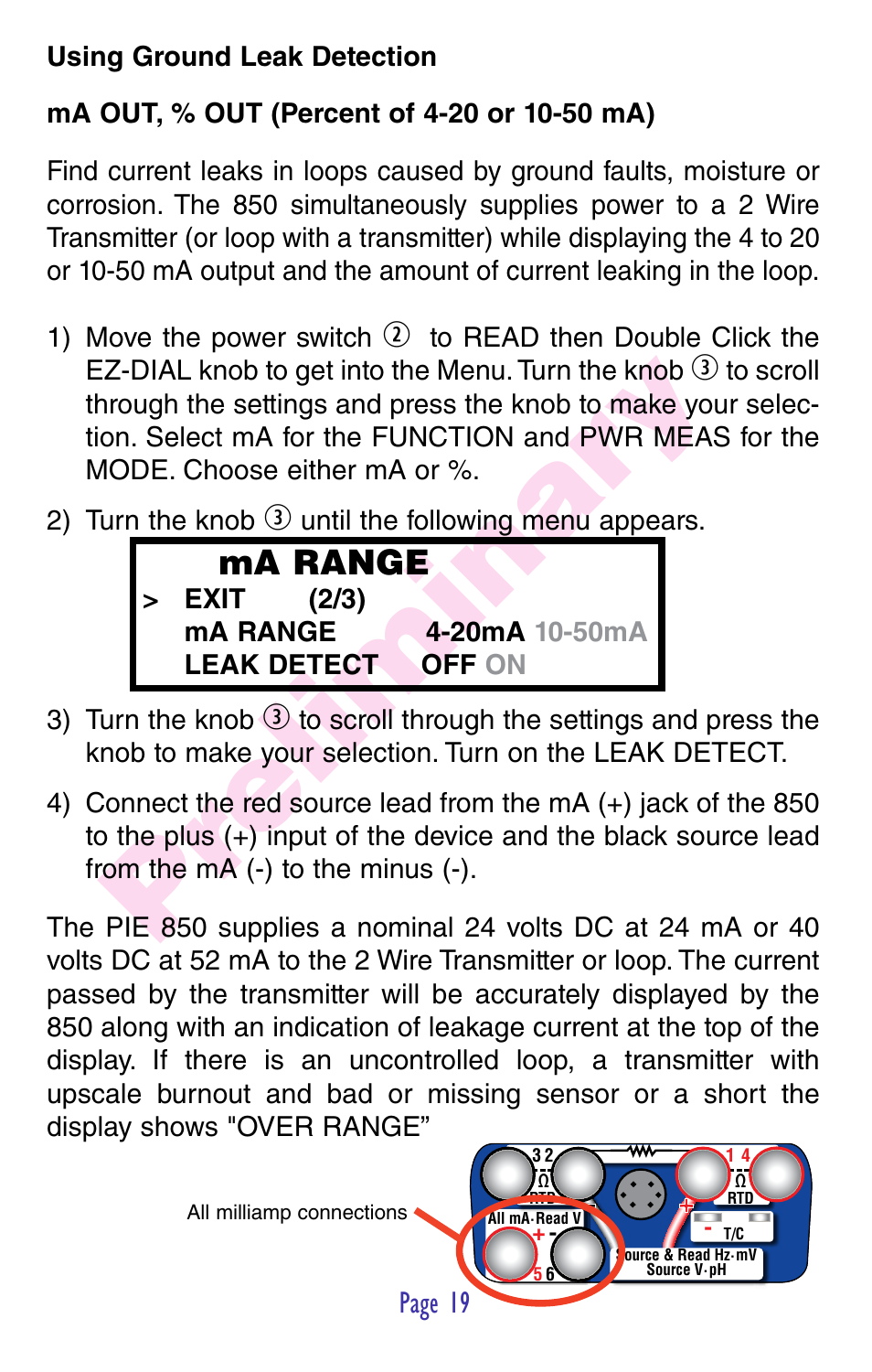 Pr eliminar y, Ma range | Practical Instrument Electronics 850 User Manual | Page 21 / 48