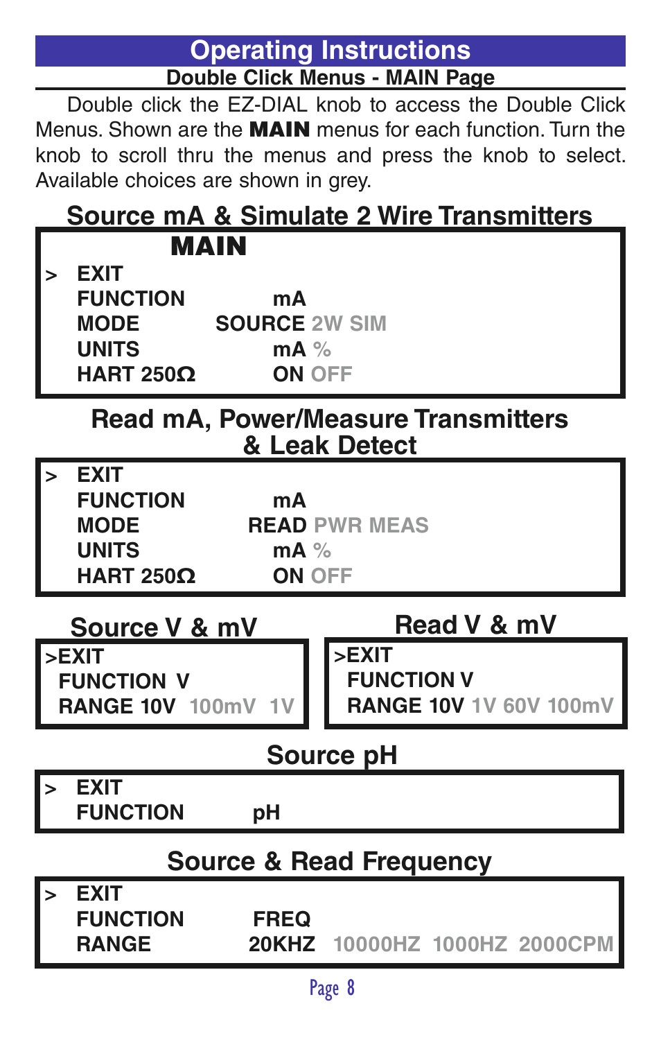 Operating instructions, Main, Source & read frequency | Source ph | Practical Instrument Electronics 830 User Manual | Page 10 / 52