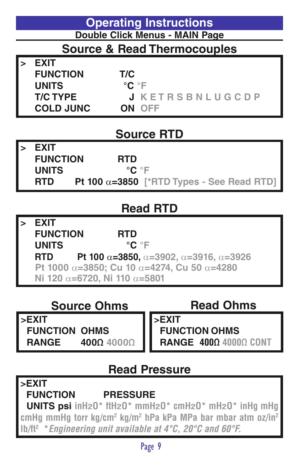 Read rtd, Source ohms read ohms, Read pressure | Practical Instrument Electronics 830 User Manual | Page 11 / 52