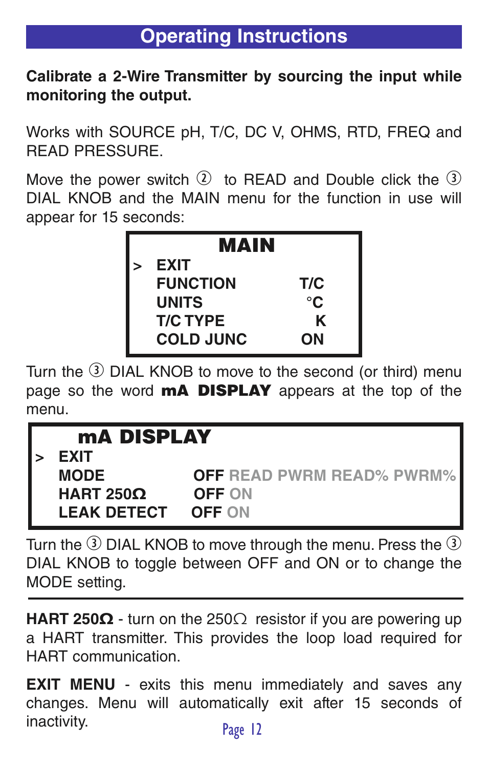 Ma display, Main, Operating instructions | Practical Instrument Electronics 830 User Manual | Page 14 / 52