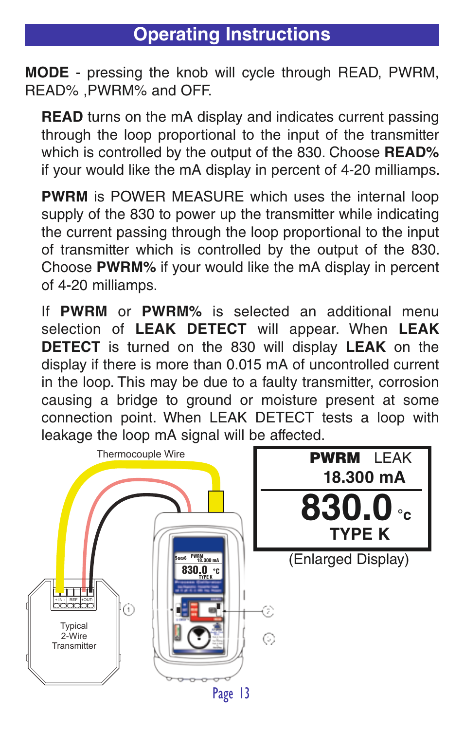 Operating instructions, Page 13, 300 ma | Type k, Pwrm leak, Enlarged display) | Practical Instrument Electronics 830 User Manual | Page 15 / 52