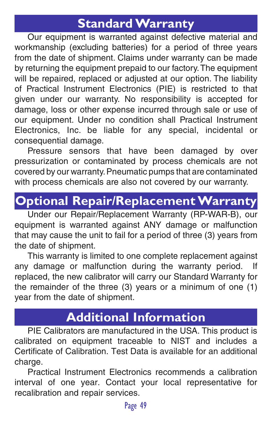Standard warranty, Optional repair/replacement warranty, Additional information | Practical Instrument Electronics 830 User Manual | Page 51 / 52