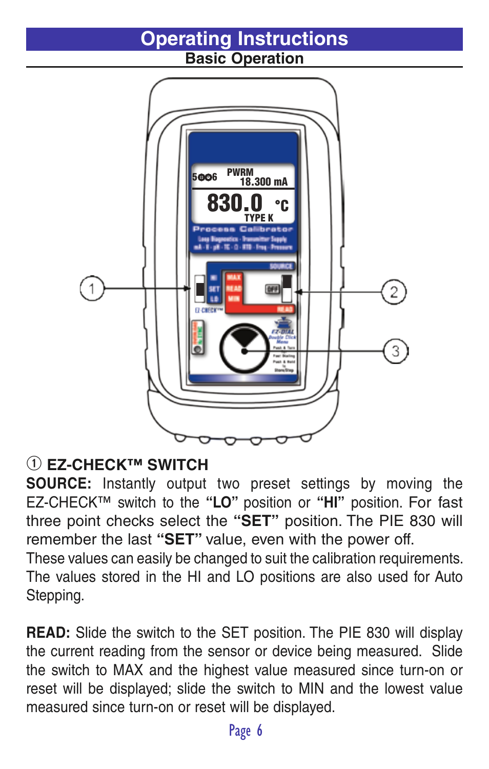 Operating instructions, Page 6, Basic operation | Practical Instrument Electronics 830 User Manual | Page 8 / 52