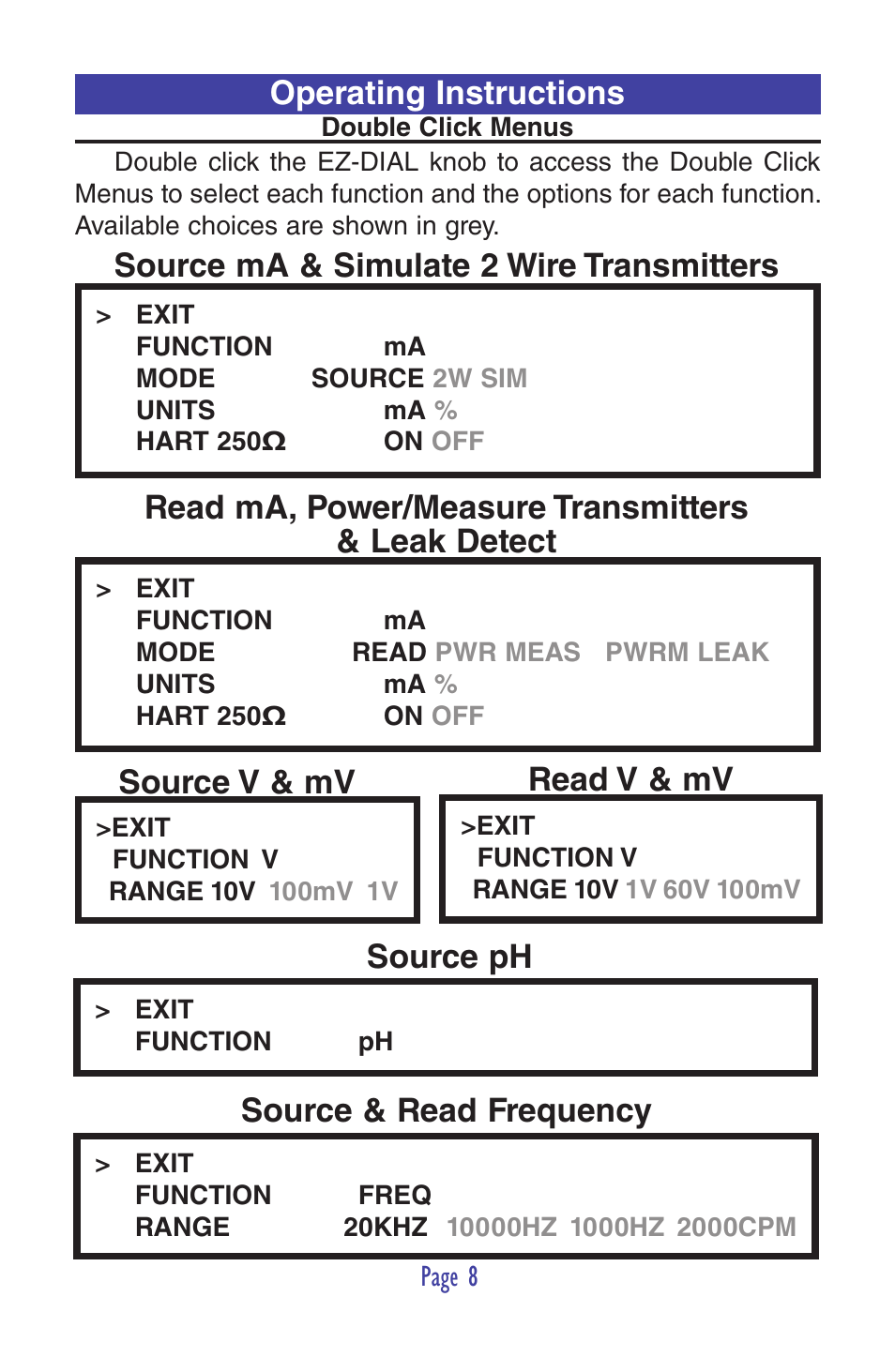 Operating instructions, Source & read frequency, Source ph | Practical Instrument Electronics 820-ELITE User Manual | Page 10 / 44