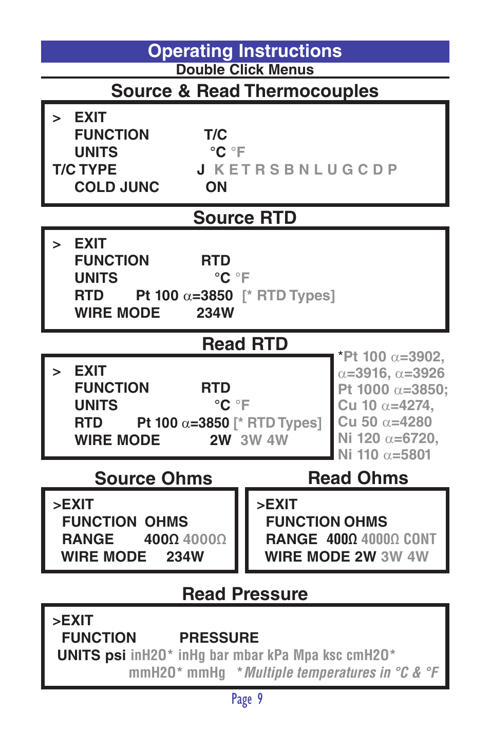 Read rtd, Source ohms read ohms, Read pressure | Practical Instrument Electronics 820-ELITE User Manual | Page 11 / 44