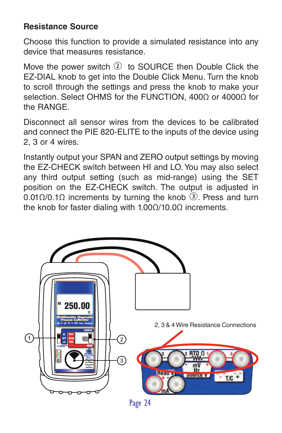 Page 24, 2, 3 & 4 wire resistance connections | Practical Instrument Electronics 820-ELITE User Manual | Page 26 / 44