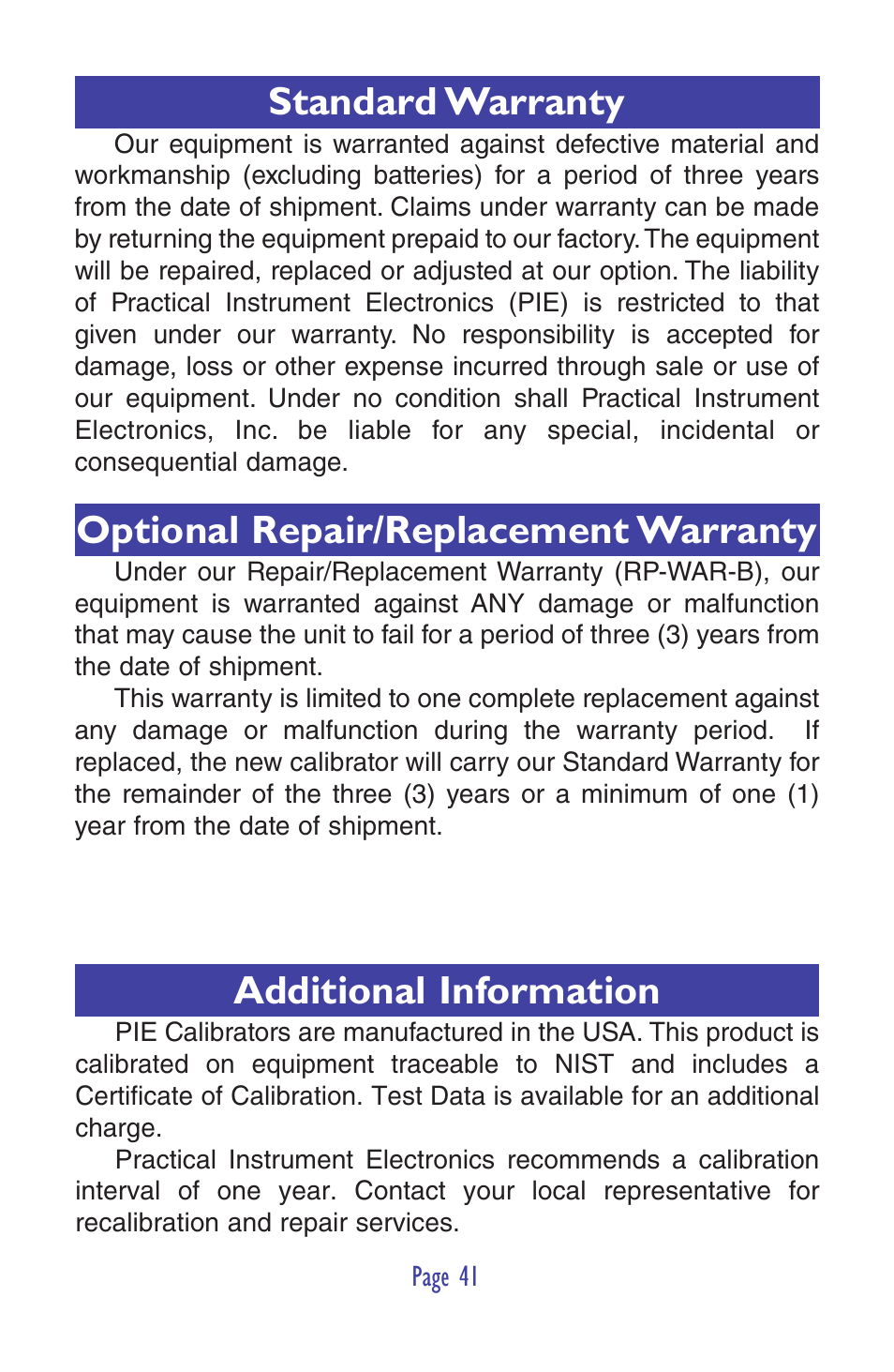 Standard warranty, Optional repair/replacement warranty, Additional information | Practical Instrument Electronics 820-ELITE User Manual | Page 43 / 44