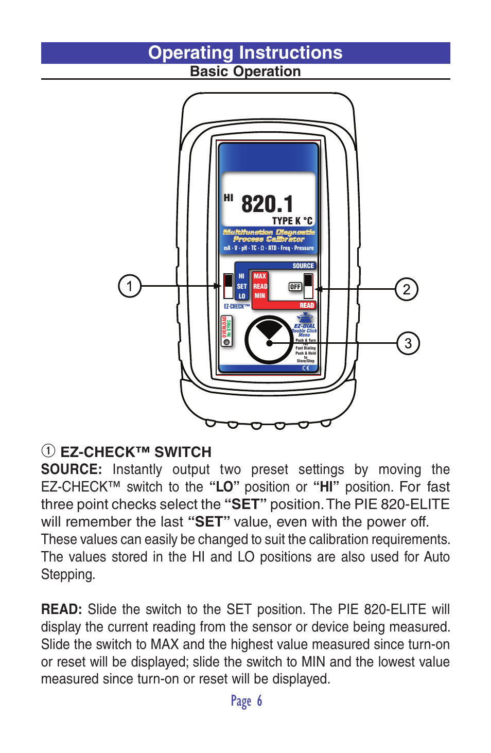 Operating instructions, Page 6, Basic operation | Practical Instrument Electronics 820-ELITE User Manual | Page 8 / 44