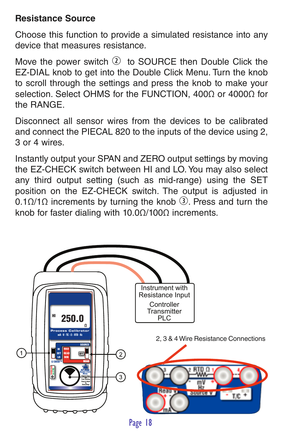Page 18, 2, 3 & 4 wire resistance connections | Practical Instrument Electronics 820 User Manual | Page 20 / 36