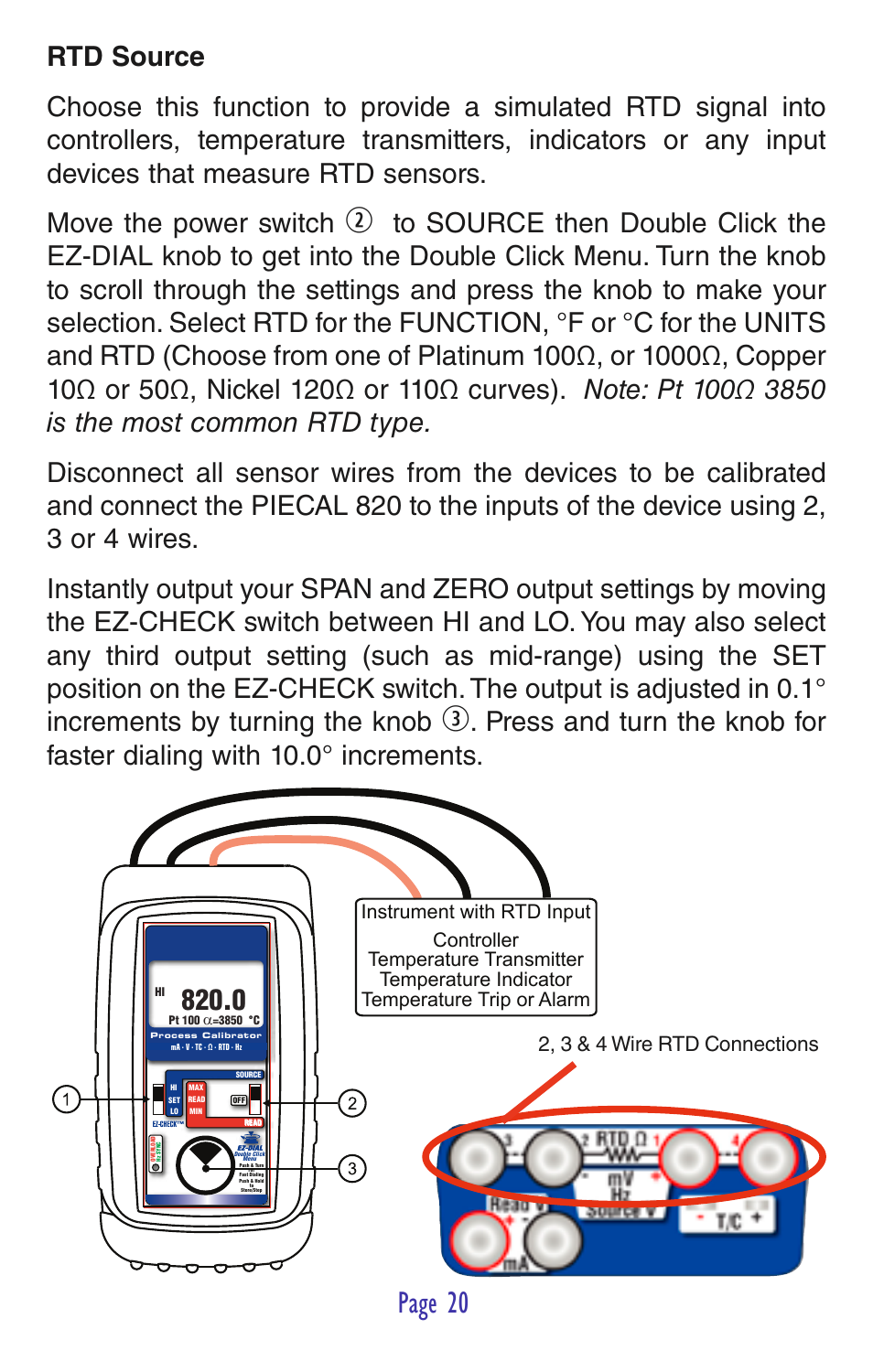 Page 20, 2, 3 & 4 wire rtd connections | Practical Instrument Electronics 820 User Manual | Page 22 / 36