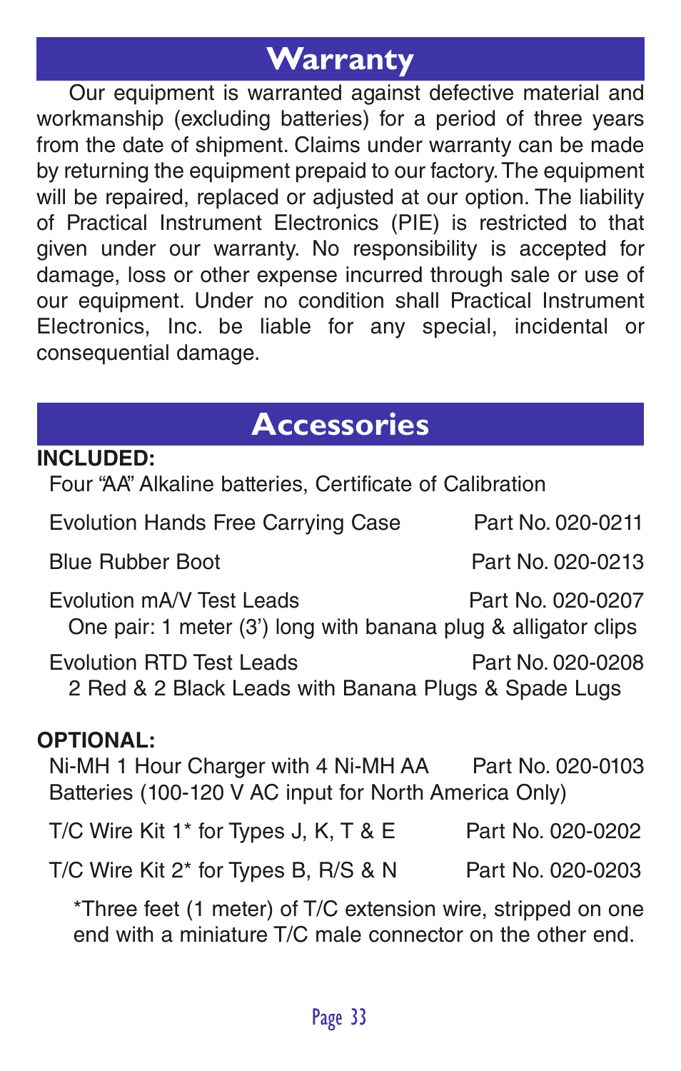 Warranty, Accessories | Practical Instrument Electronics 820 User Manual | Page 35 / 36