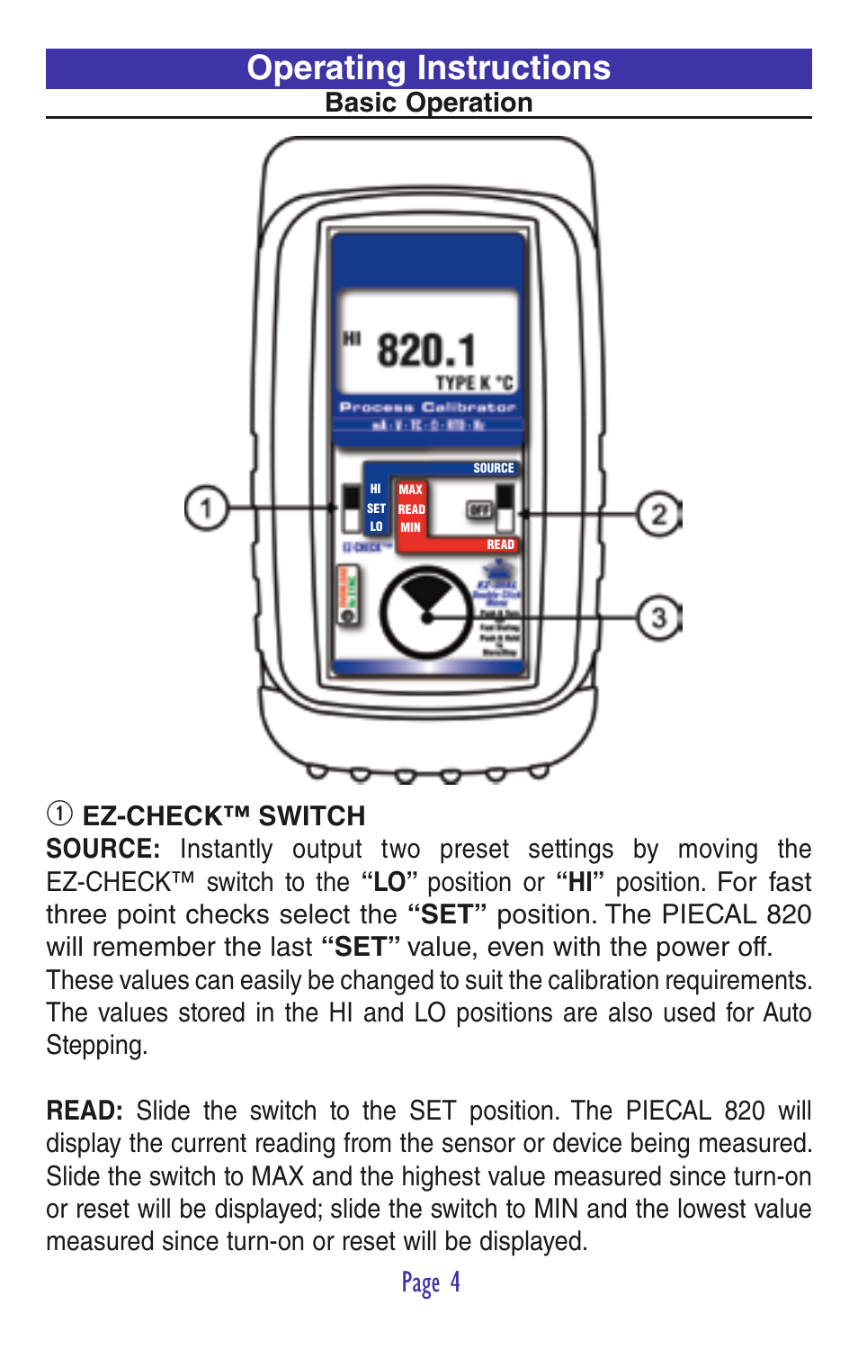 Operating instructions, Page 4, Basic operation | Practical Instrument Electronics 820 User Manual | Page 6 / 36