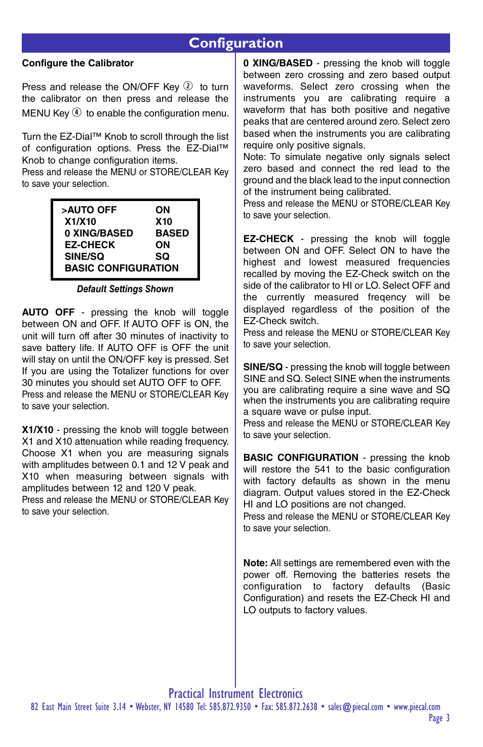 Practical instrument electronics, Configuration | Practical Instrument Electronics 541 User Manual | Page 3 / 8