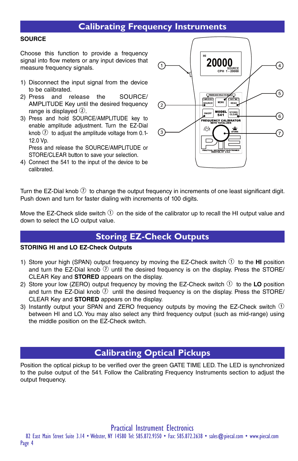 Practical instrument electronics, Calibrating frequency instruments, Storing ez-check outputs | Calibrating optical pickups | Practical Instrument Electronics 541 User Manual | Page 4 / 8
