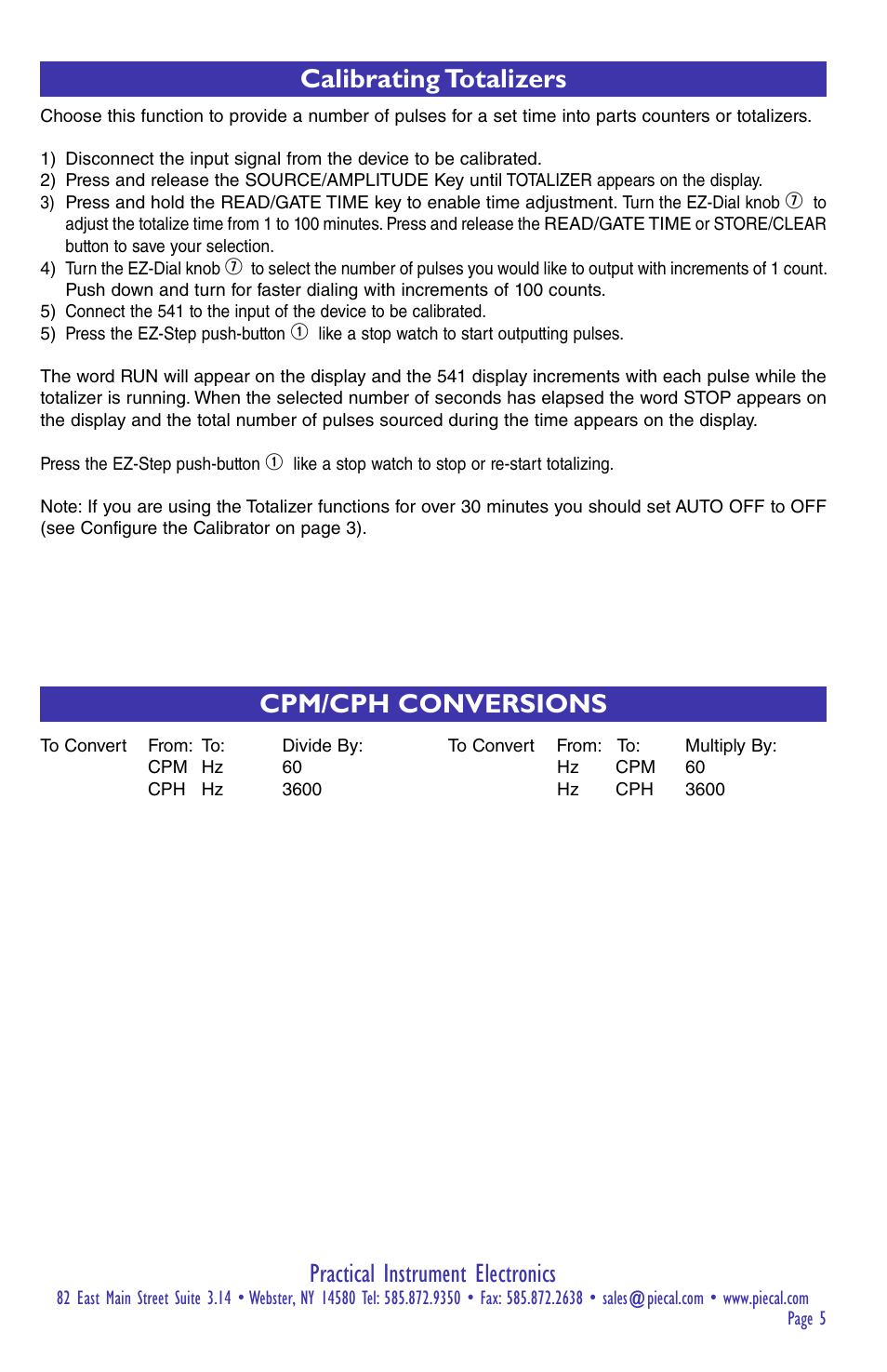 Practical instrument electronics, Calibrating totalizers, Cpm/cph conversions | Practical Instrument Electronics 541 User Manual | Page 5 / 8