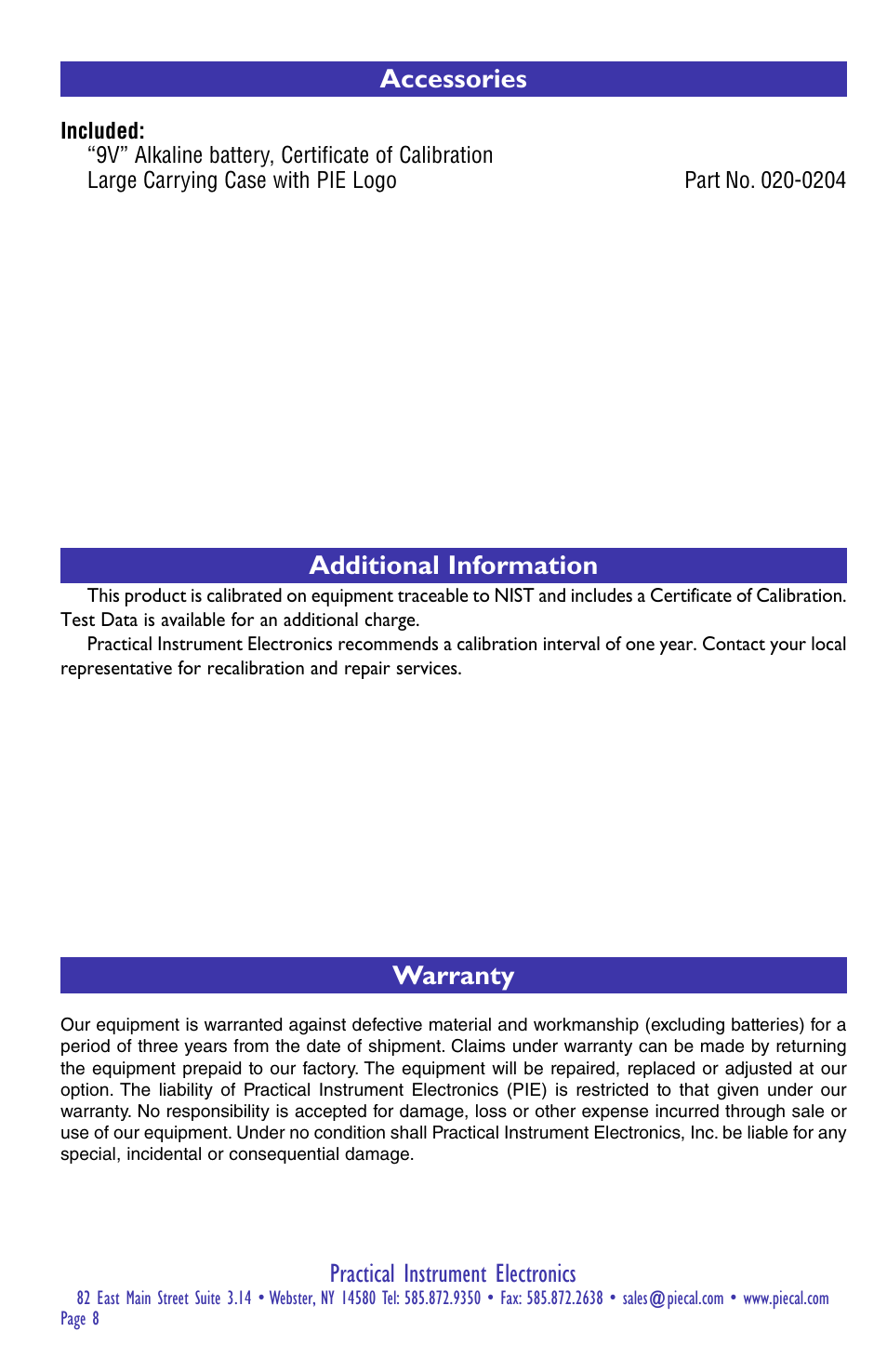 Practical instrument electronics, Additional information, Warranty | Accessories | Practical Instrument Electronics 541 User Manual | Page 8 / 8