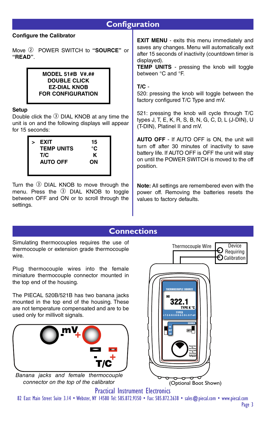 Practical instrument electronics, Configuration, Connections | Practical Instrument Electronics 520B User Manual | Page 3 / 8
