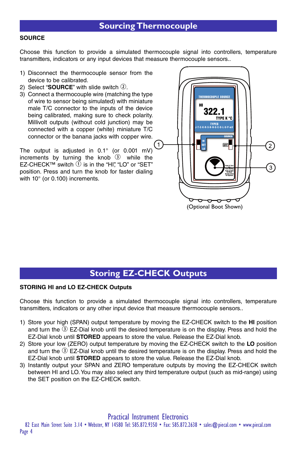 Practical instrument electronics, Sourcing thermocouple storing ez-check outputs | Practical Instrument Electronics 520B User Manual | Page 4 / 8