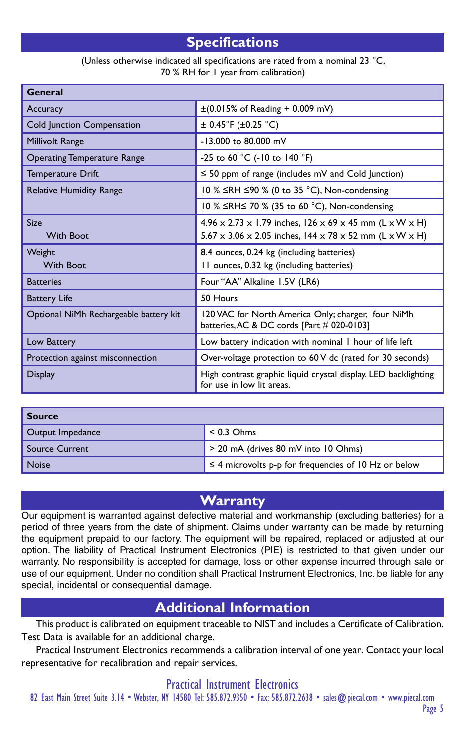 Practical instrument electronics, Specifications, Warranty | Additional information | Practical Instrument Electronics 520B User Manual | Page 5 / 8