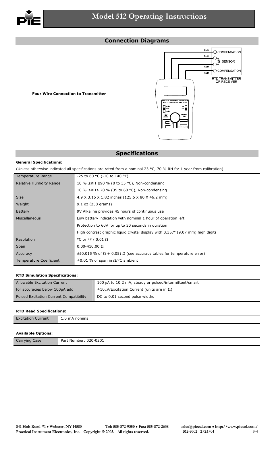 General specifications, Rtd simulation specifications, Rtd read specifications | Available options, Model 512 operating instructions, Connection diagrams, Specifications | Practical Instrument Electronics 512 User Manual | Page 3 / 4
