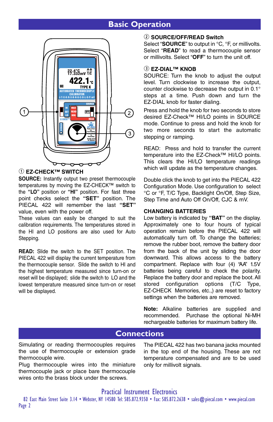 Practical instrument electronics, Basic operation, Connections | Page 2 | Practical Instrument Electronics 422 User Manual | Page 2 / 8