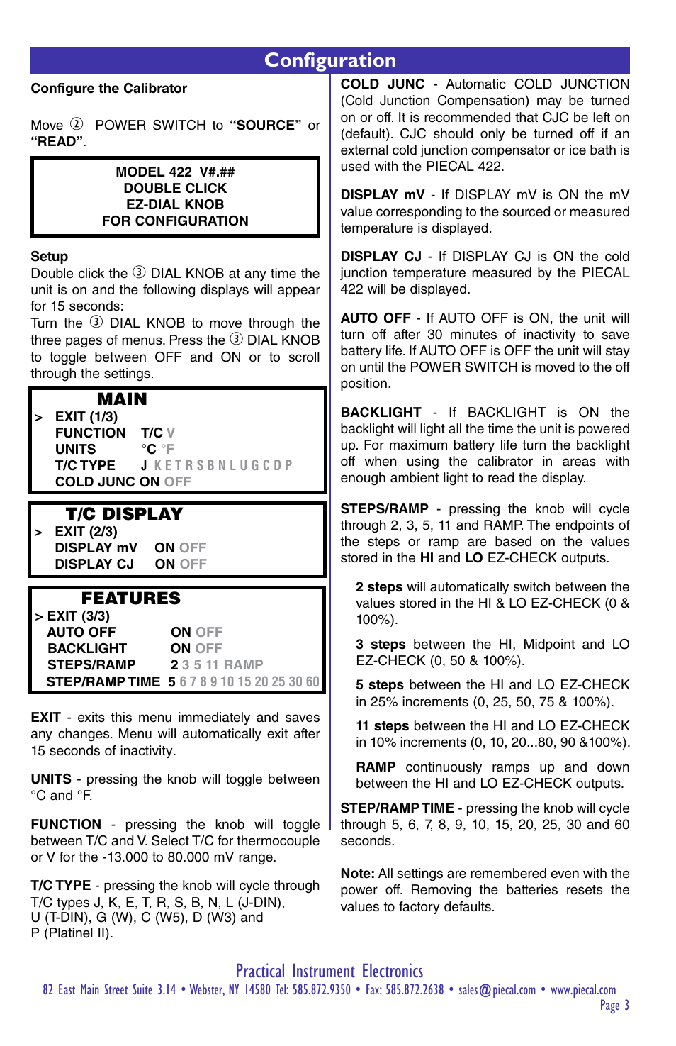 Practical instrument electronics, Configuration, Main | Features, T/c display | Practical Instrument Electronics 422 User Manual | Page 3 / 8
