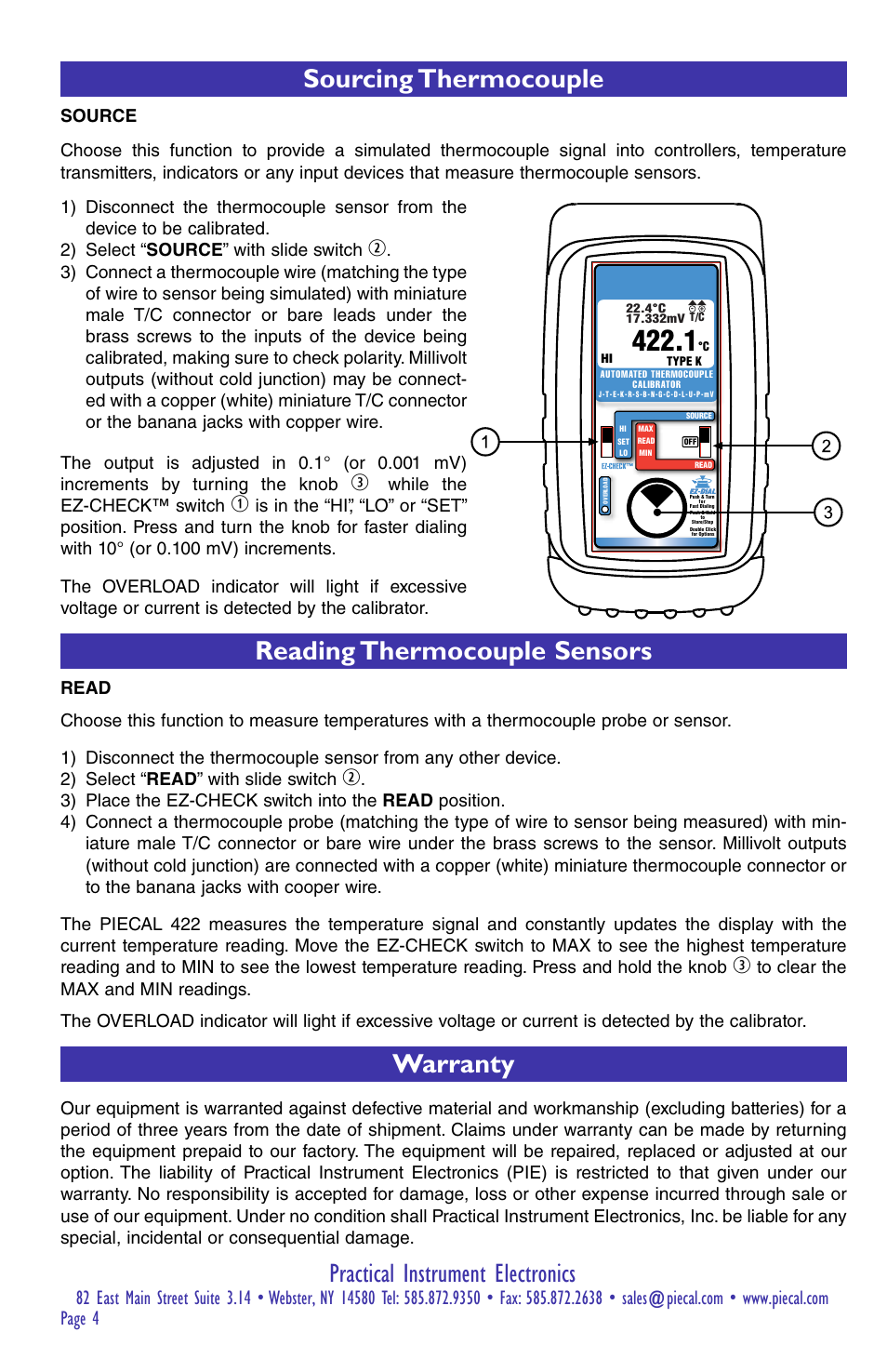 Practical instrument electronics, Sourcing thermocouple, Reading thermocouple sensors warranty | Page 4 | Practical Instrument Electronics 422 User Manual | Page 4 / 8