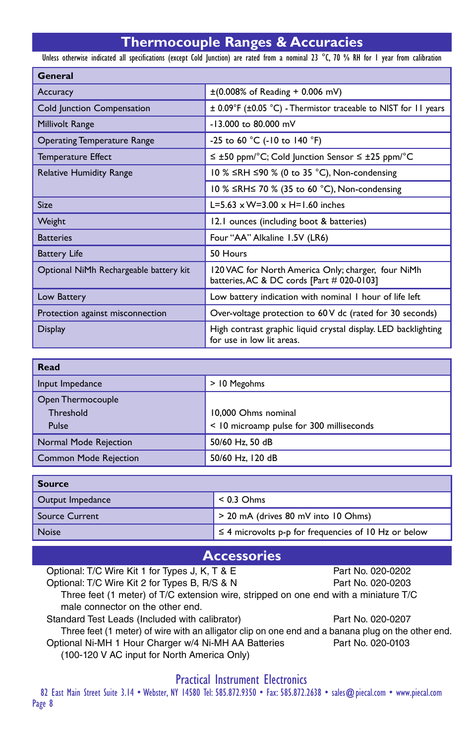 Practical instrument electronics, Accessories, Thermocouple ranges & accuracies | Practical Instrument Electronics 422 User Manual | Page 8 / 8
