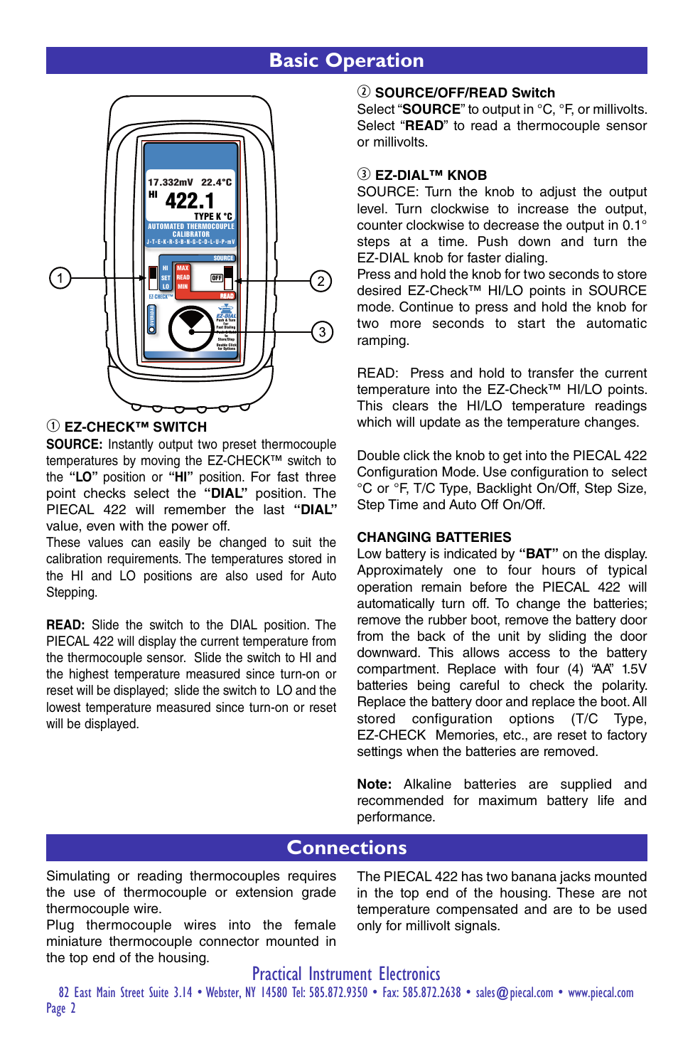 Practical instrument electronics, Basic operation, Connections | Practical Instrument Electronics 422 (2014) User Manual | Page 2 / 8