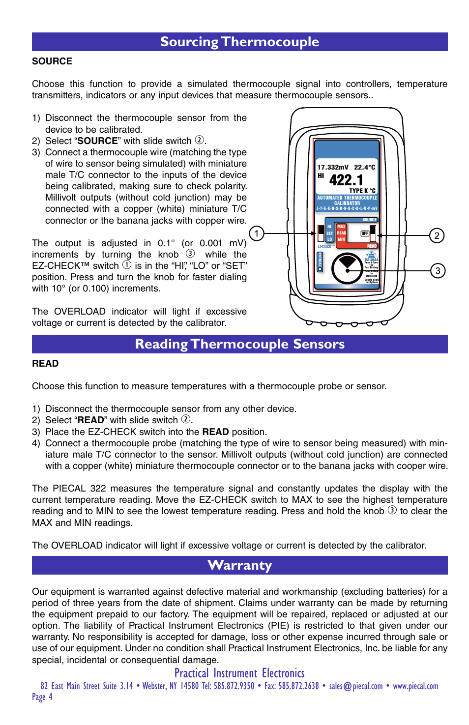 Practical instrument electronics, Sourcing thermocouple, Reading thermocouple sensors warranty | Practical Instrument Electronics 422 (2014) User Manual | Page 4 / 8