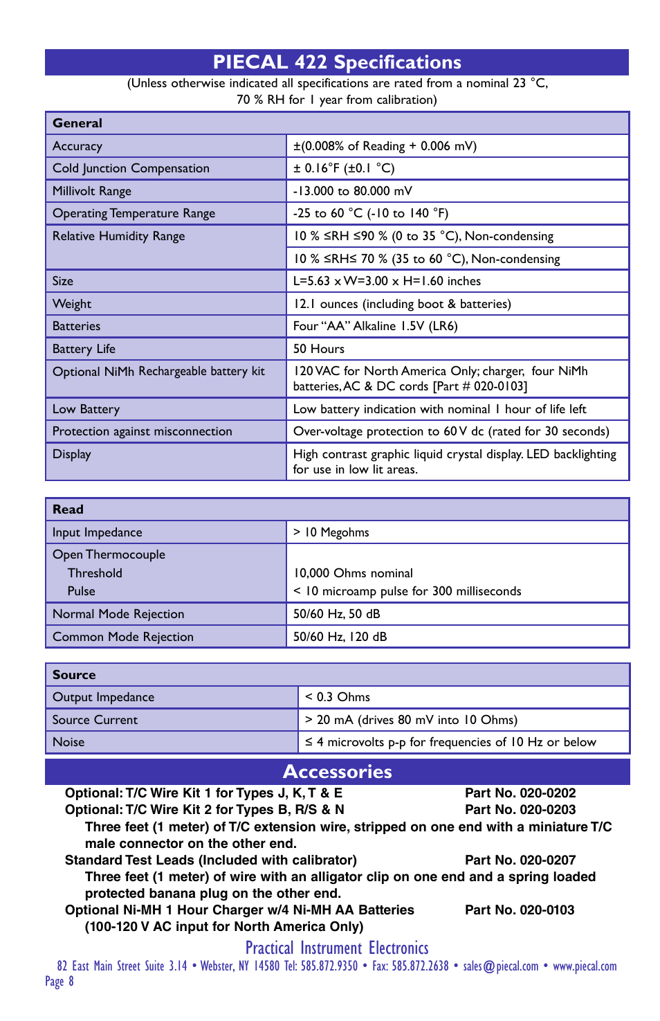 Practical instrument electronics, Accessories, Piecal 422 specifications | Practical Instrument Electronics 422 (2014) User Manual | Page 8 / 8